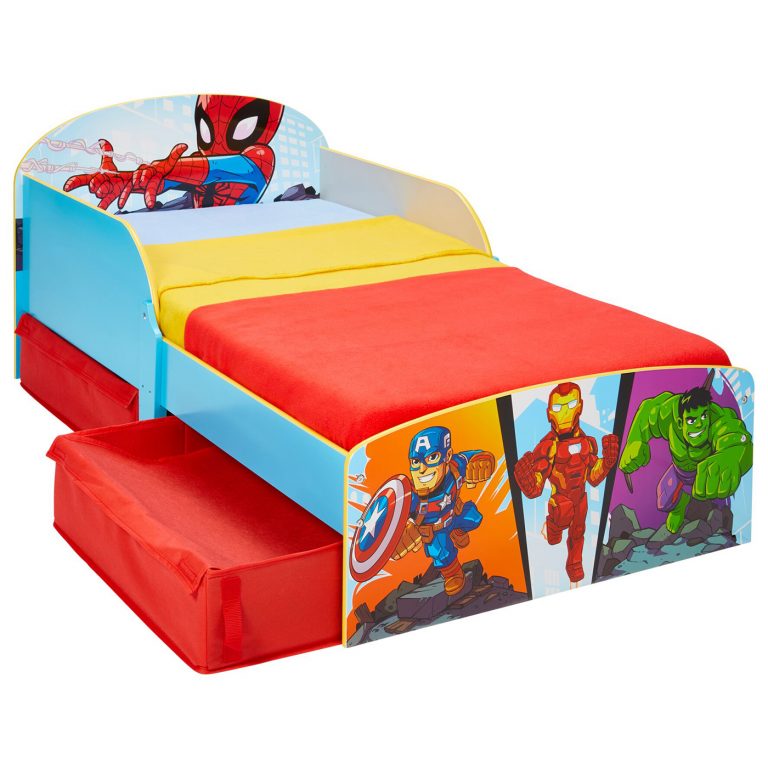 Spiderman Toddler Bed with Storage and Light Up Eyes plus Foam Mattress